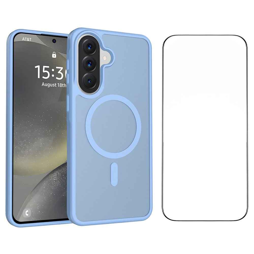For Samsung Galaxy A57 5G Magnetic Phone Case Matte Finish TPU PC Shockproof Phone Cover with Tempered Glass - Blue
