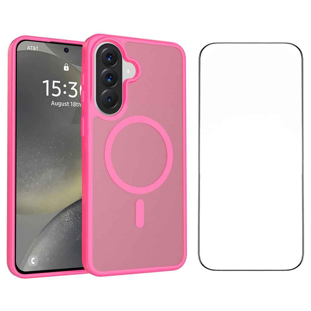 For Samsung Galaxy A57 5G Magnetic Phone Case Matte Finish TPU PC Shockproof Phone Cover with Tempered Glass - Rose