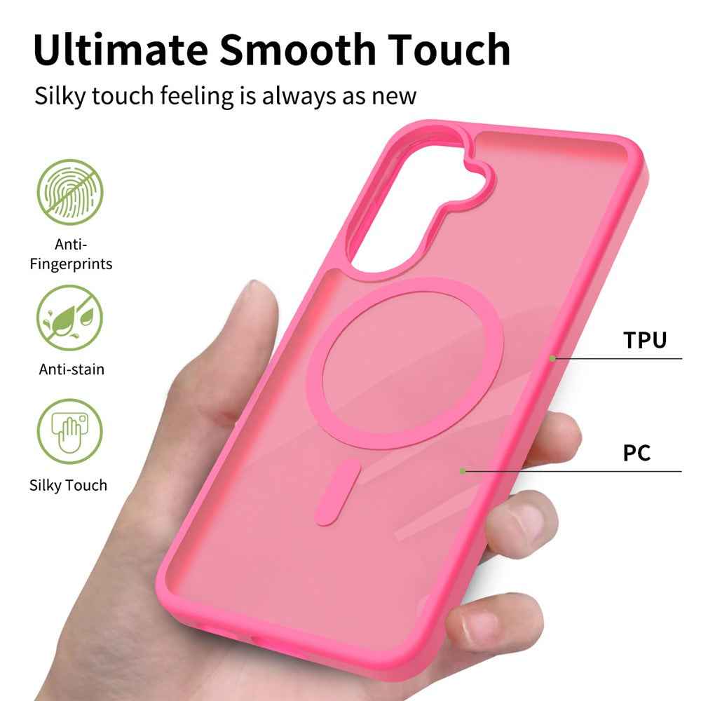 For Samsung Galaxy A57 5G Magnetic Phone Case Matte Finish TPU PC Shockproof Phone Cover with Tempered Glass - Rose