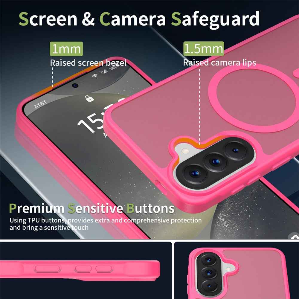 For Samsung Galaxy A57 5G Magnetic Phone Case Matte Finish TPU PC Shockproof Phone Cover with Tempered Glass - Rose