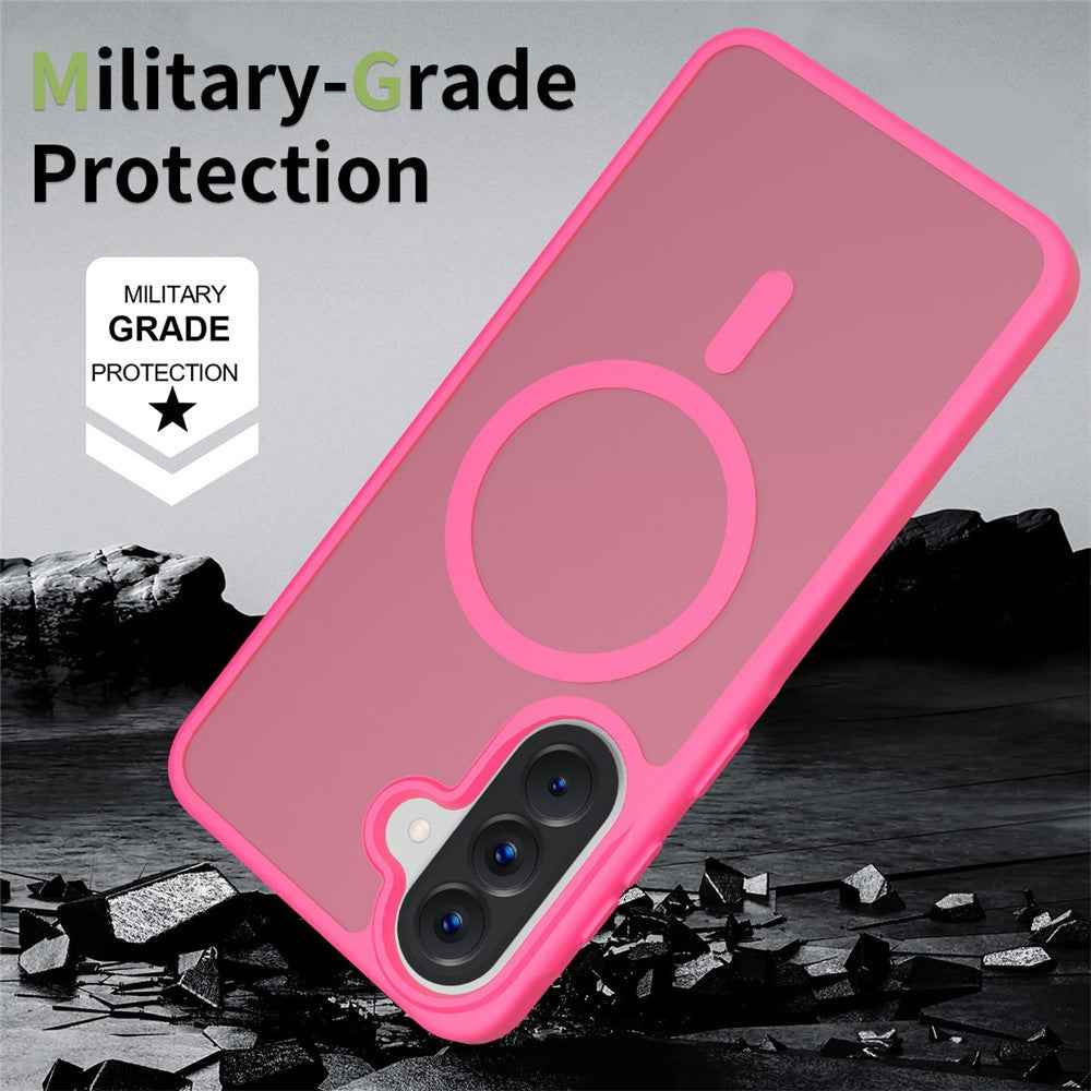 For Samsung Galaxy A57 5G Magnetic Phone Case Matte Finish TPU PC Shockproof Phone Cover with Tempered Glass - Rose