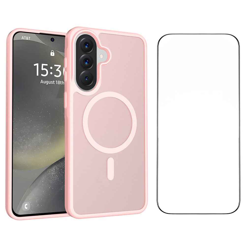For Samsung Galaxy A57 5G Magnetic Phone Case Matte Finish TPU PC Shockproof Phone Cover with Tempered Glass - Light Pink