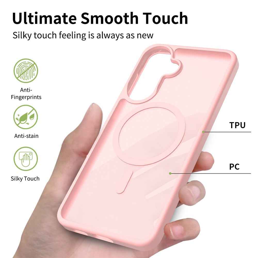 For Samsung Galaxy A57 5G Magnetic Phone Case Matte Finish TPU PC Shockproof Phone Cover with Tempered Glass - Light Pink