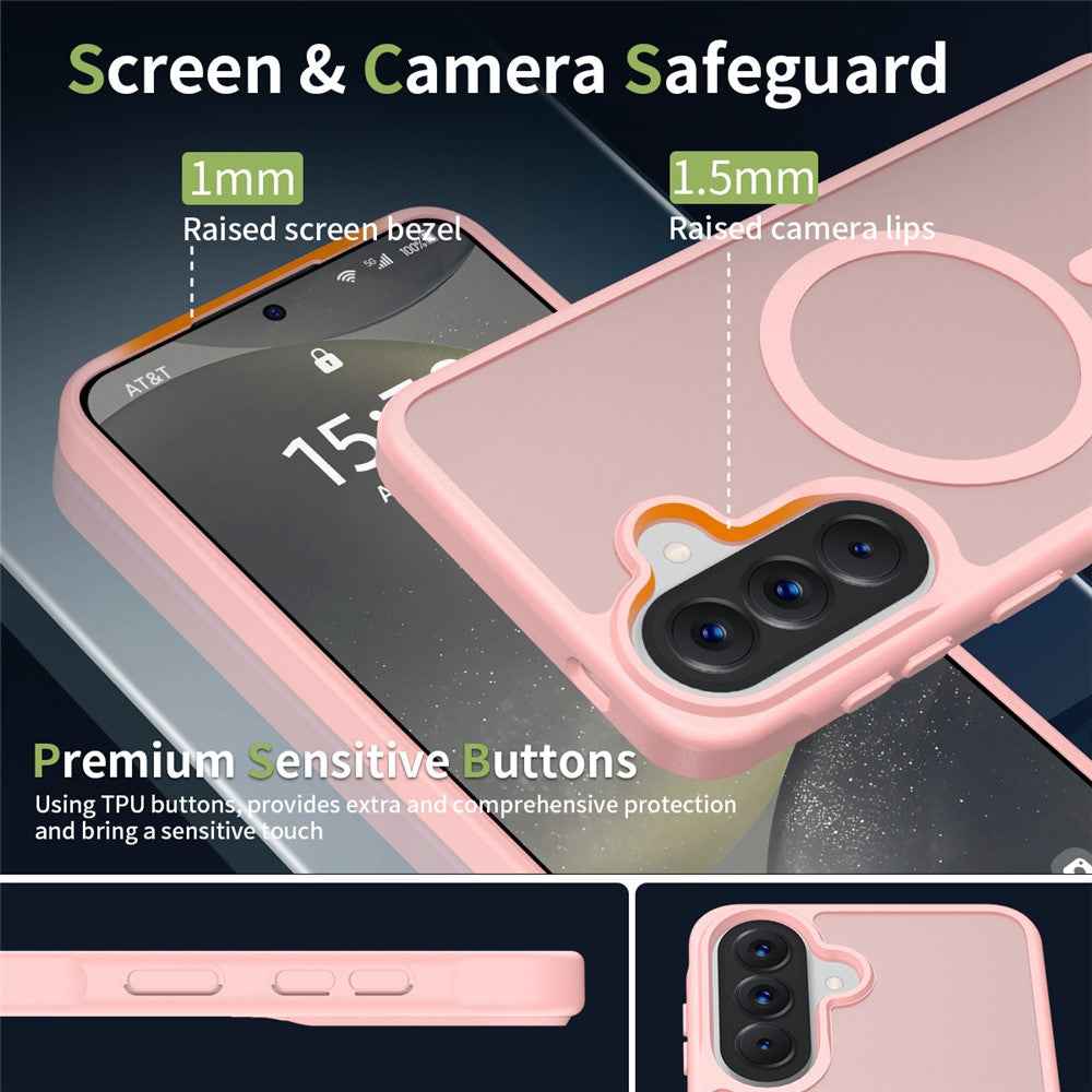 For Samsung Galaxy A57 5G Magnetic Phone Case Matte Finish TPU PC Shockproof Phone Cover with Tempered Glass - Light Pink