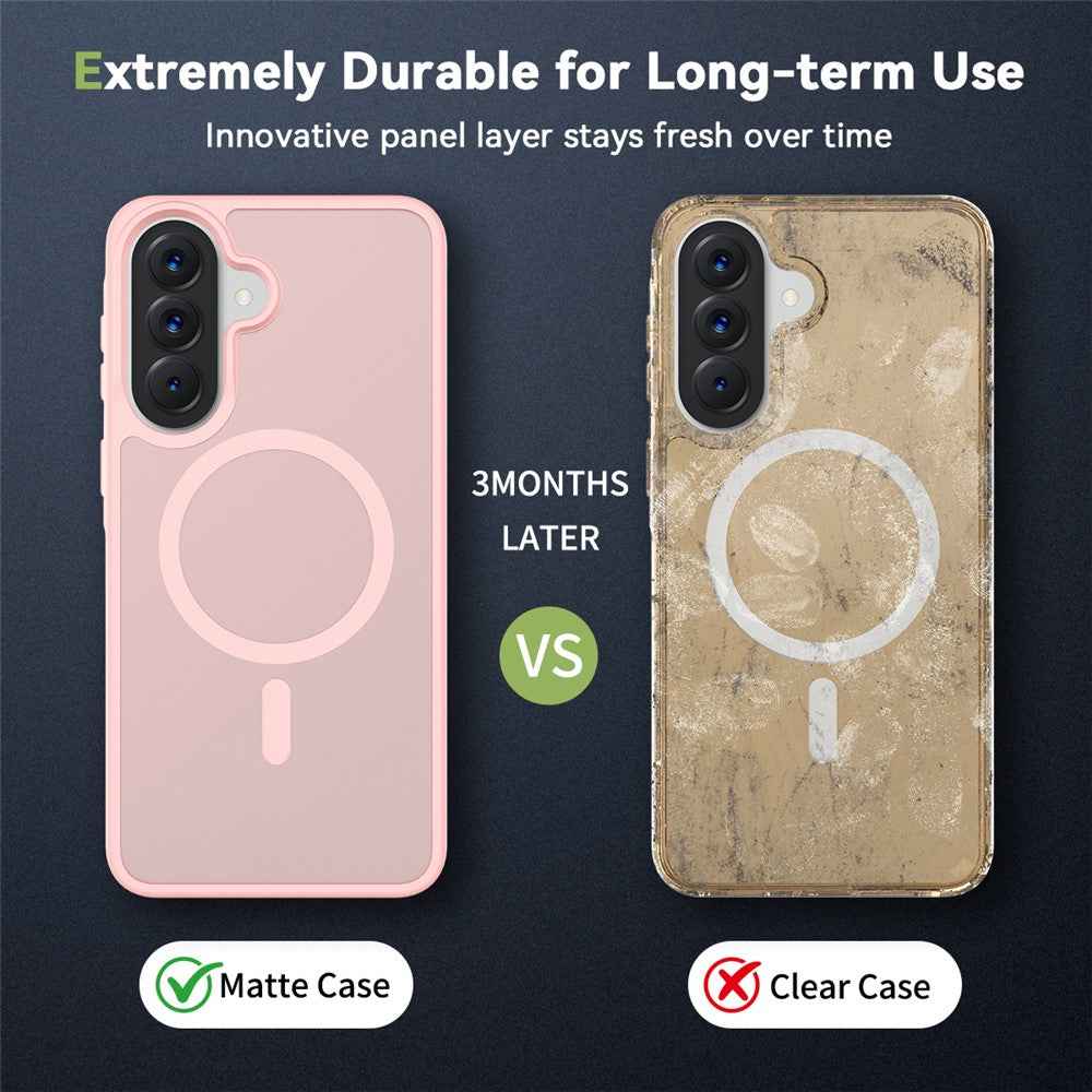 For Samsung Galaxy A57 5G Magnetic Phone Case Matte Finish TPU PC Shockproof Phone Cover with Tempered Glass - Light Pink