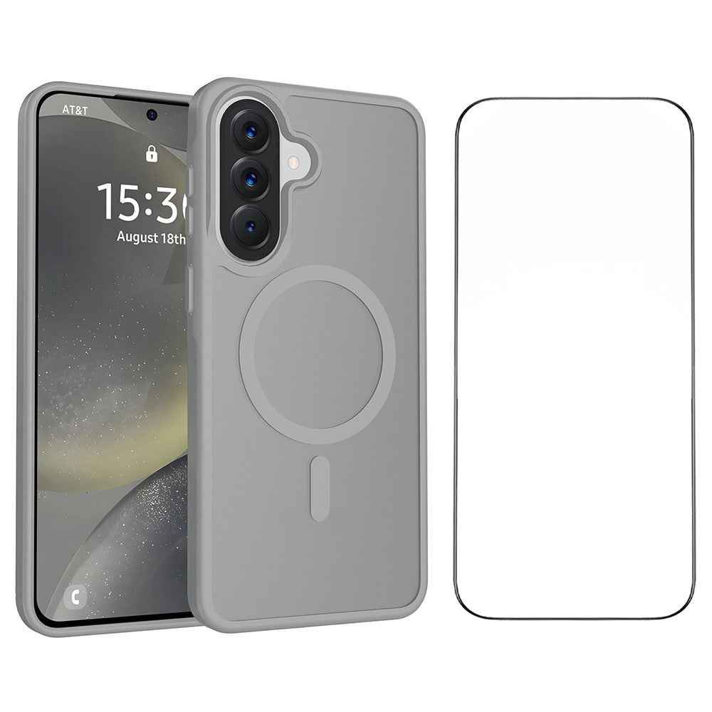 For Samsung Galaxy A57 5G Magnetic Phone Case Matte Finish TPU PC Shockproof Phone Cover with Tempered Glass - Dark Grey
