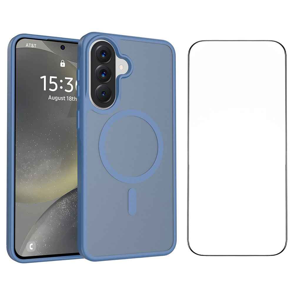 For Samsung Galaxy A57 5G Magnetic Phone Case Matte Finish TPU PC Shockproof Phone Cover with Tempered Glass - Sapphire