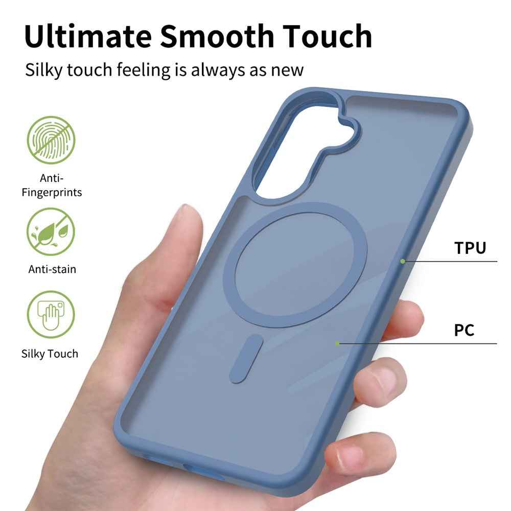 For Samsung Galaxy A57 5G Magnetic Phone Case Matte Finish TPU PC Shockproof Phone Cover with Tempered Glass - Sapphire