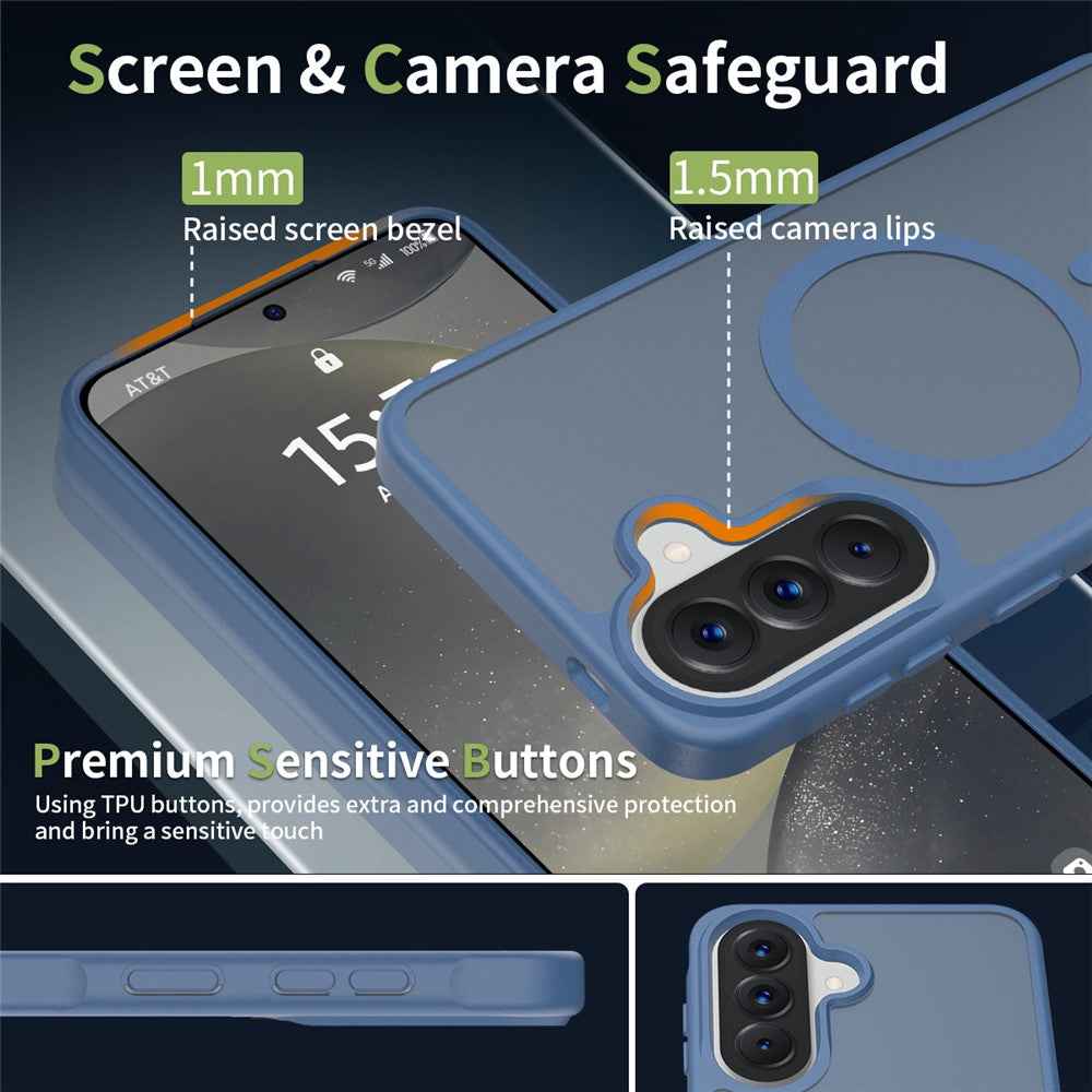For Samsung Galaxy A57 5G Magnetic Phone Case Matte Finish TPU PC Shockproof Phone Cover with Tempered Glass - Sapphire