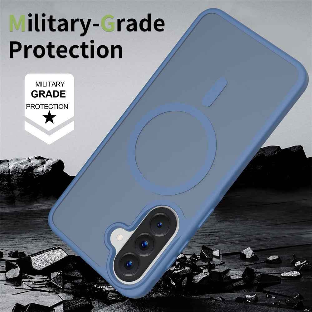 For Samsung Galaxy A57 5G Magnetic Phone Case Matte Finish TPU PC Shockproof Phone Cover with Tempered Glass - Sapphire