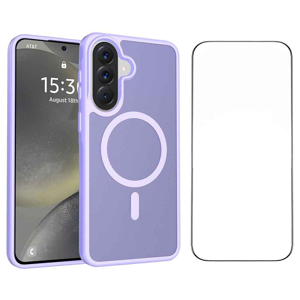 For Samsung Galaxy A57 5G Magnetic Phone Case Matte Finish TPU PC Shockproof Phone Cover with Tempered Glass - Light Purple