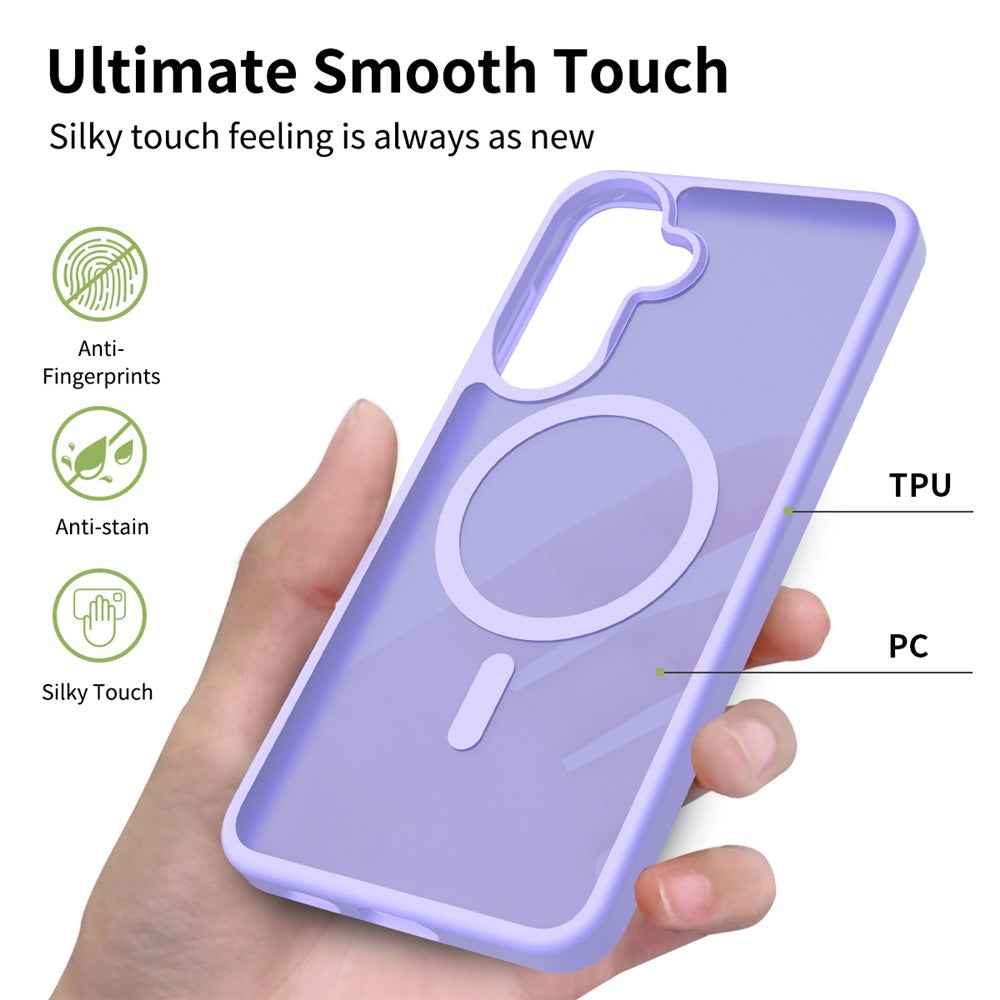 For Samsung Galaxy A57 5G Magnetic Phone Case Matte Finish TPU PC Shockproof Phone Cover with Tempered Glass - Light Purple