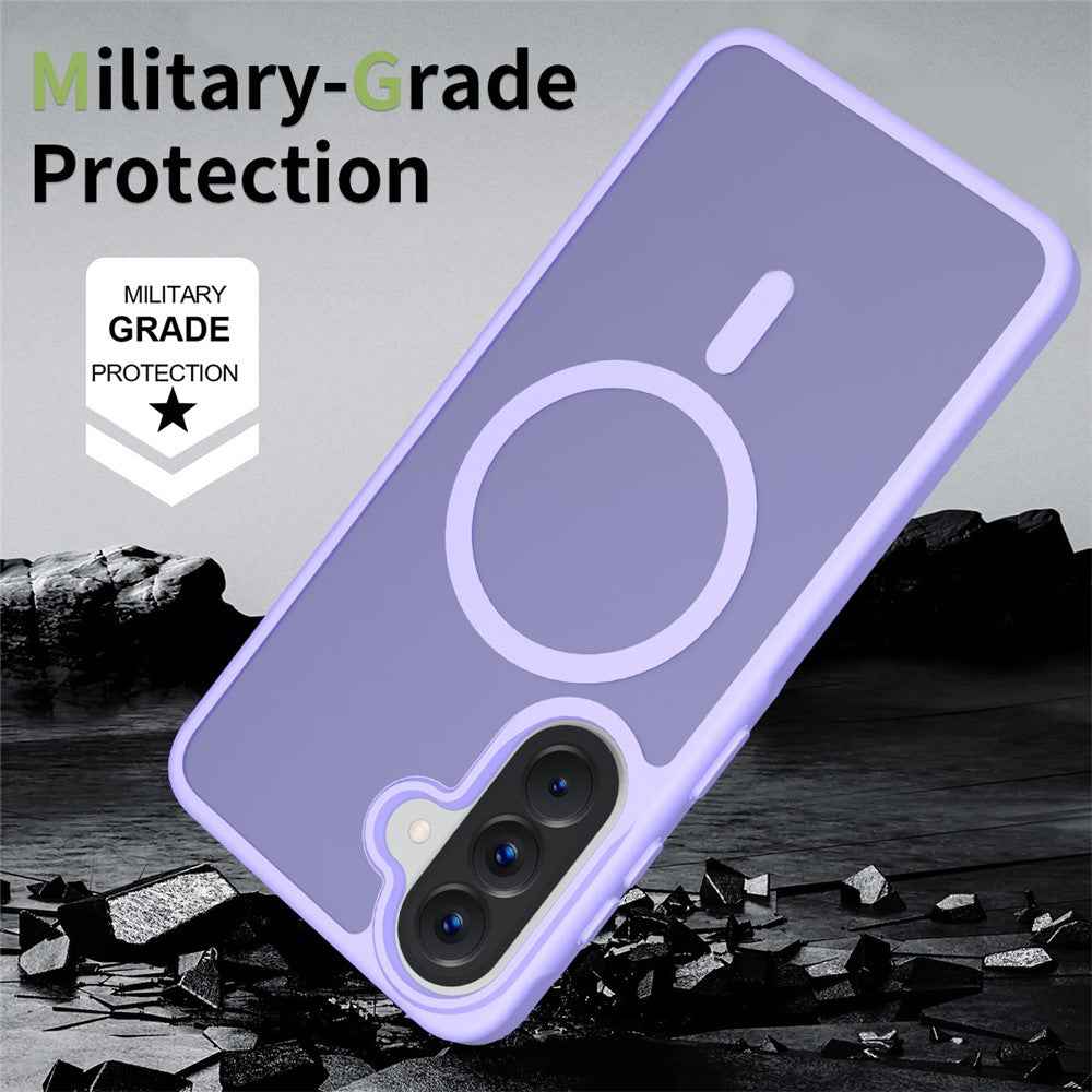 For Samsung Galaxy A57 5G Magnetic Phone Case Matte Finish TPU PC Shockproof Phone Cover with Tempered Glass - Light Purple