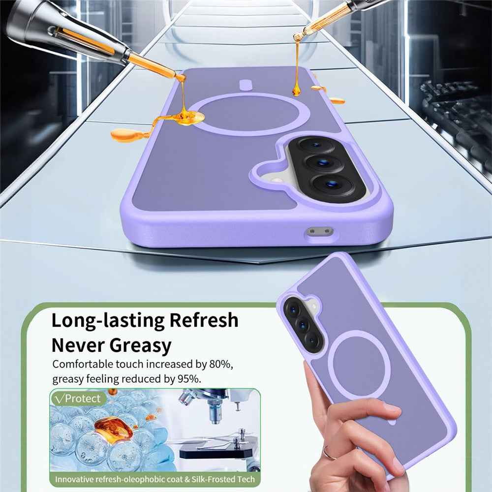 For Samsung Galaxy A57 5G Magnetic Phone Case Matte Finish TPU PC Shockproof Phone Cover with Tempered Glass - Light Purple