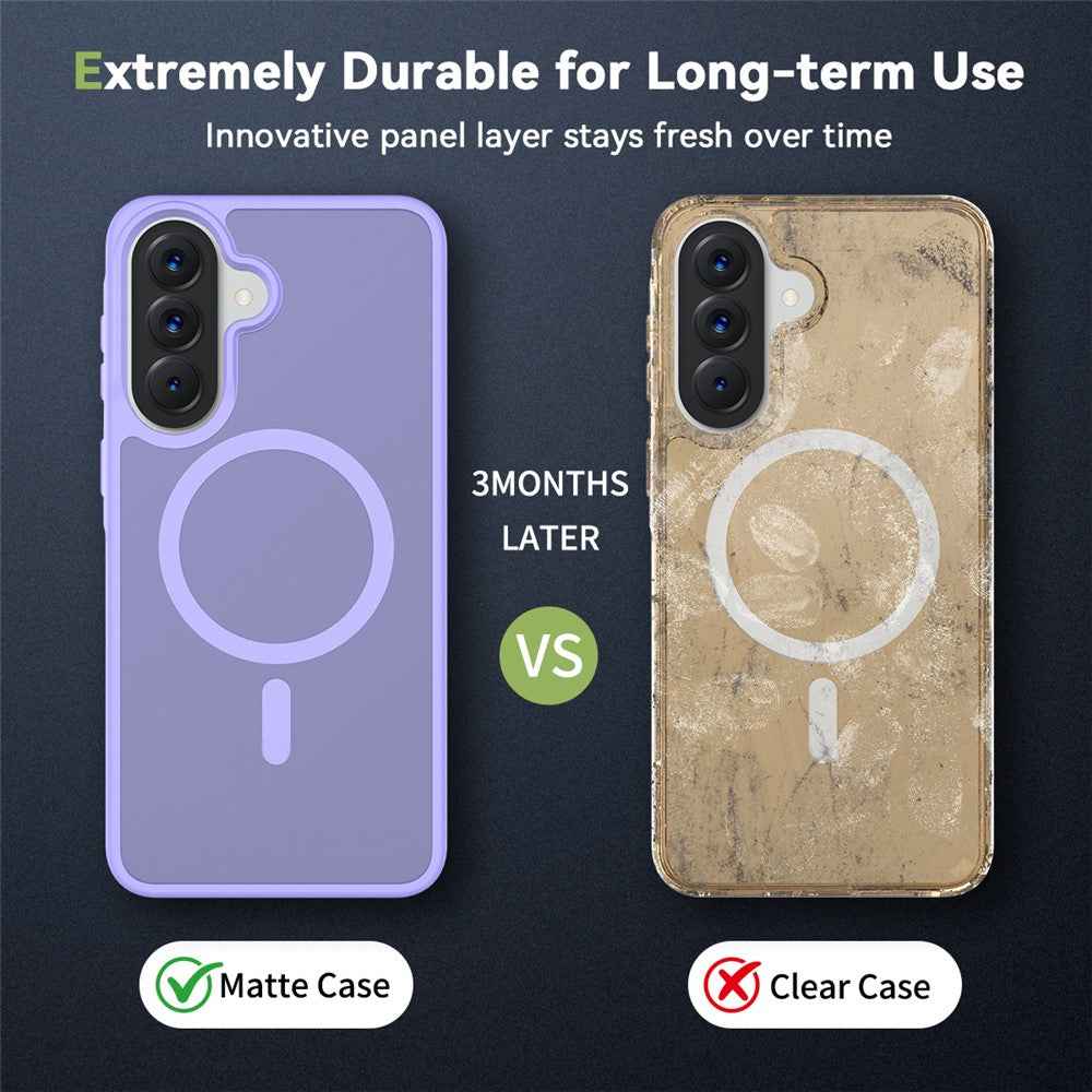 For Samsung Galaxy A57 5G Magnetic Phone Case Matte Finish TPU PC Shockproof Phone Cover with Tempered Glass - Light Purple