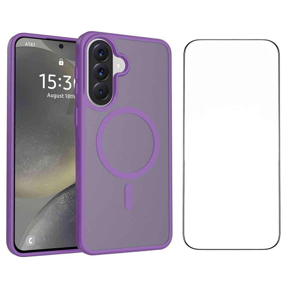 For Samsung Galaxy A57 5G Magnetic Phone Case Matte Finish TPU PC Shockproof Phone Cover with Tempered Glass - Dark Purple