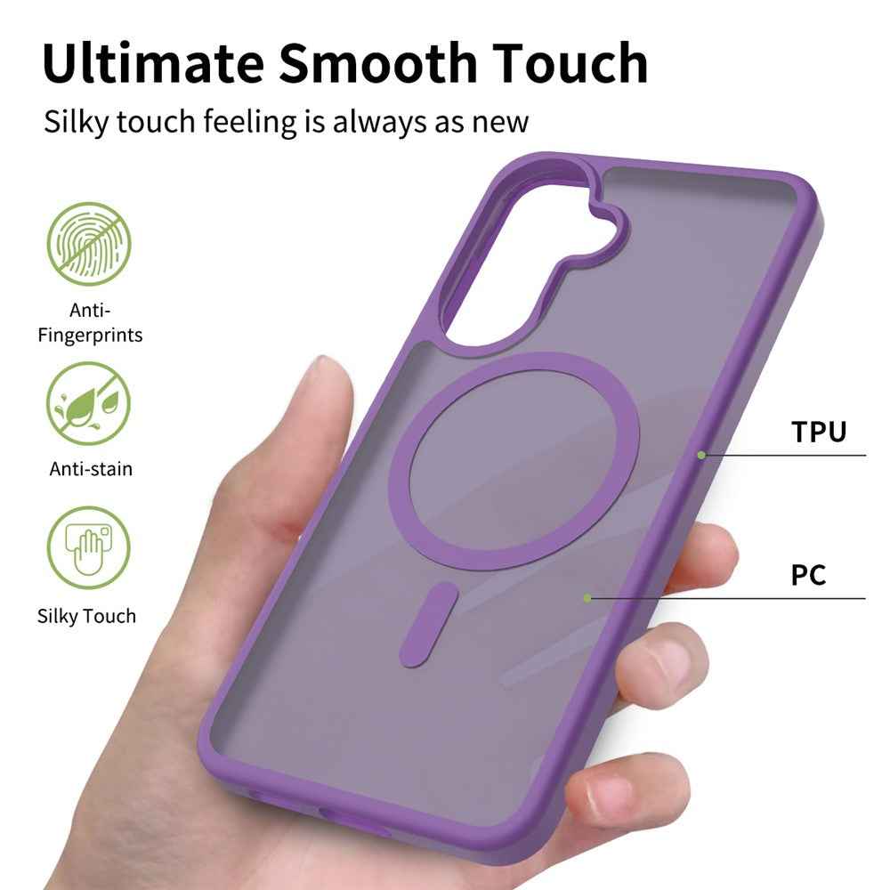 For Samsung Galaxy A57 5G Magnetic Phone Case Matte Finish TPU PC Shockproof Phone Cover with Tempered Glass - Dark Purple