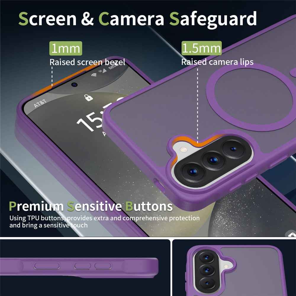 For Samsung Galaxy A57 5G Magnetic Phone Case Matte Finish TPU PC Shockproof Phone Cover with Tempered Glass - Dark Purple