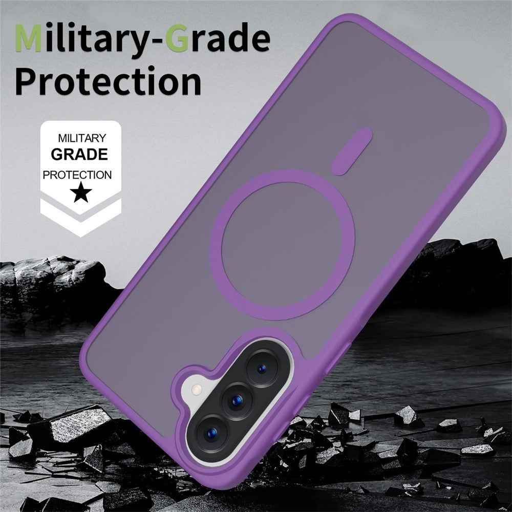 For Samsung Galaxy A57 5G Magnetic Phone Case Matte Finish TPU PC Shockproof Phone Cover with Tempered Glass - Dark Purple