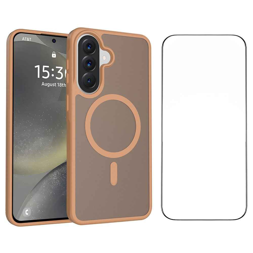 For Samsung Galaxy A57 5G Magnetic Phone Case Matte Finish TPU PC Shockproof Phone Cover with Tempered Glass - Coffee