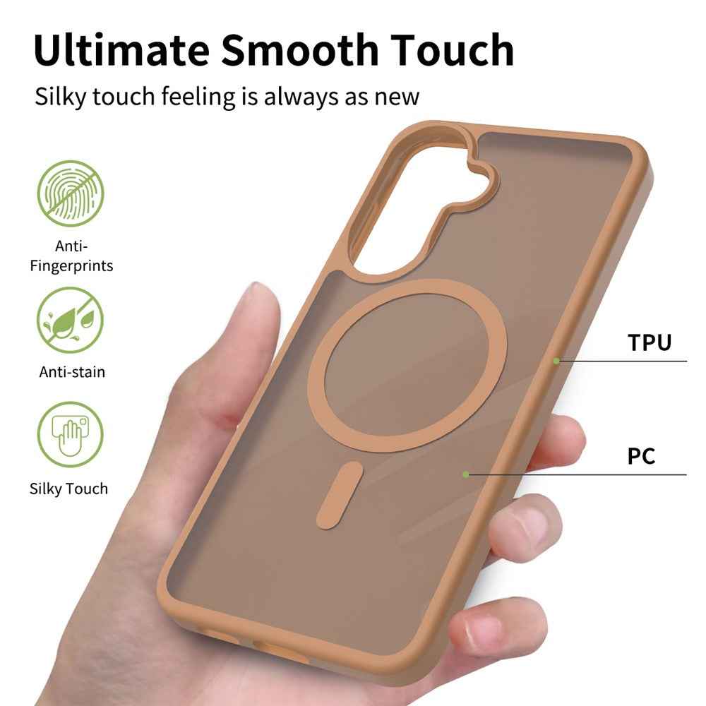 For Samsung Galaxy A57 5G Magnetic Phone Case Matte Finish TPU PC Shockproof Phone Cover with Tempered Glass - Coffee