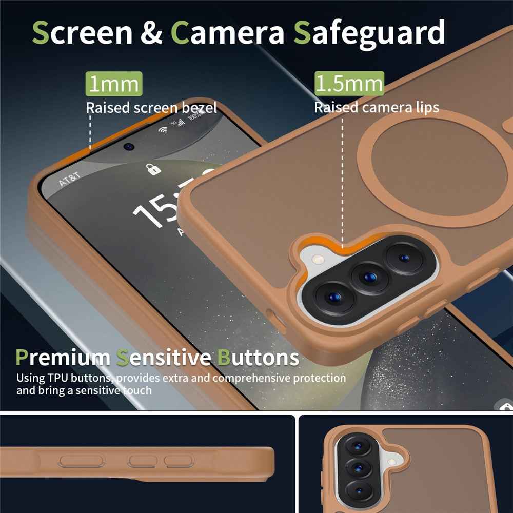 For Samsung Galaxy A57 5G Magnetic Phone Case Matte Finish TPU PC Shockproof Phone Cover with Tempered Glass - Coffee
