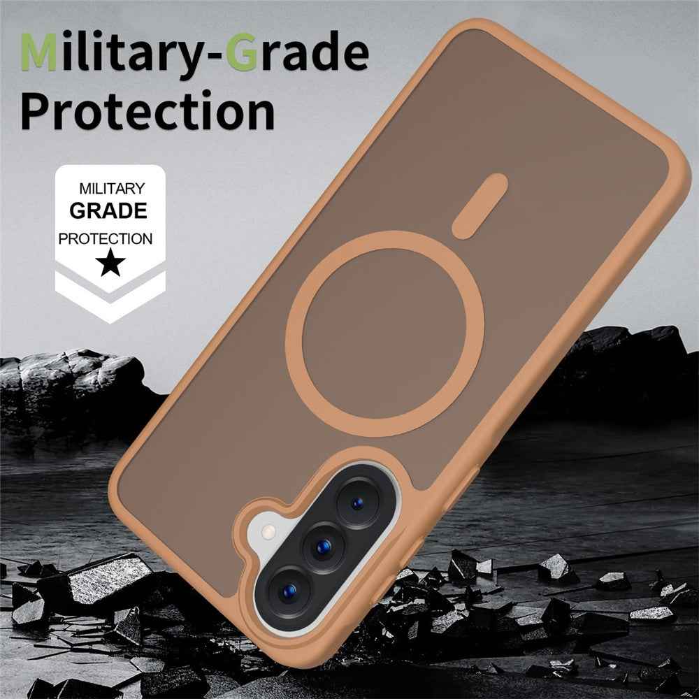 For Samsung Galaxy A57 5G Magnetic Phone Case Matte Finish TPU PC Shockproof Phone Cover with Tempered Glass - Coffee