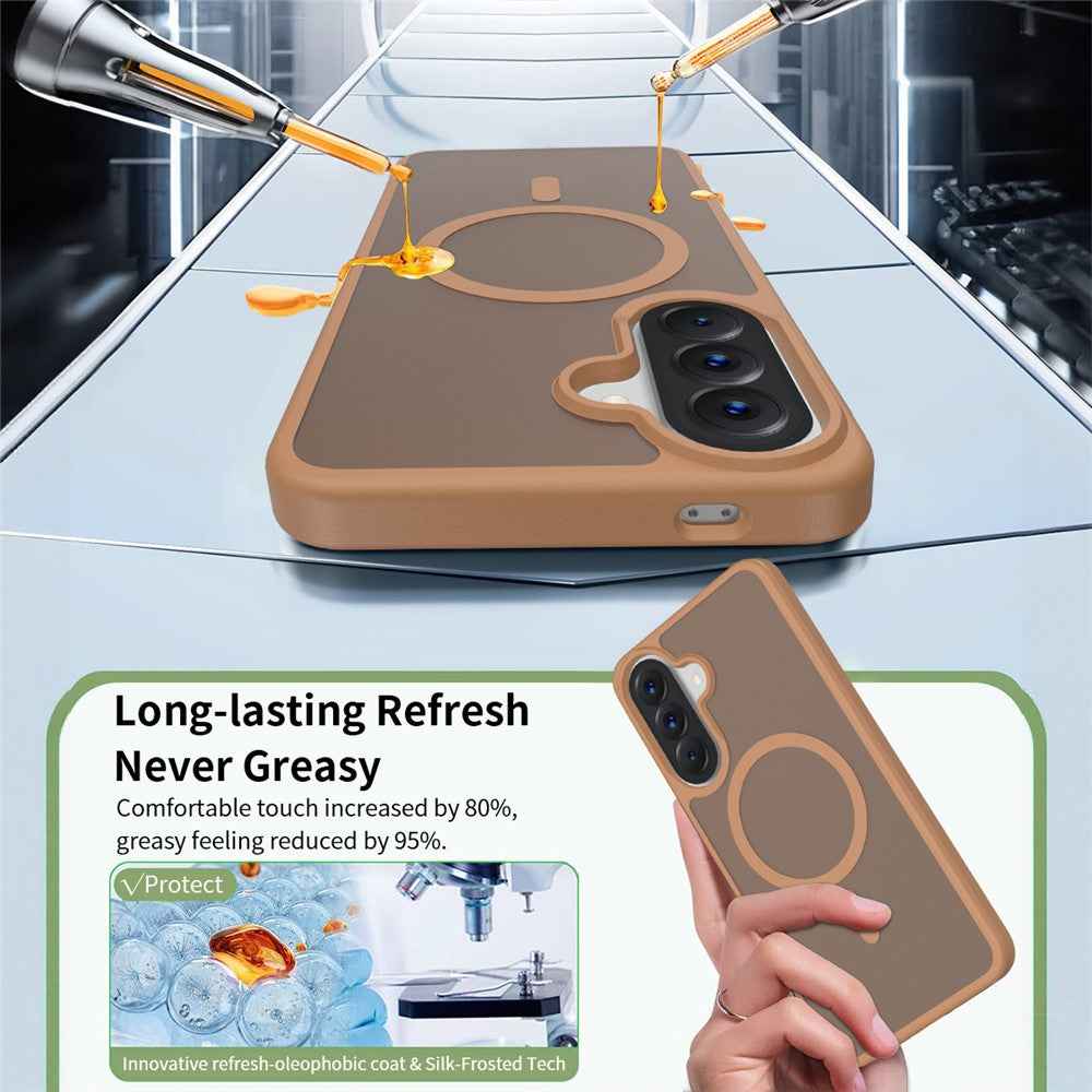 For Samsung Galaxy A57 5G Magnetic Phone Case Matte Finish TPU PC Shockproof Phone Cover with Tempered Glass - Coffee
