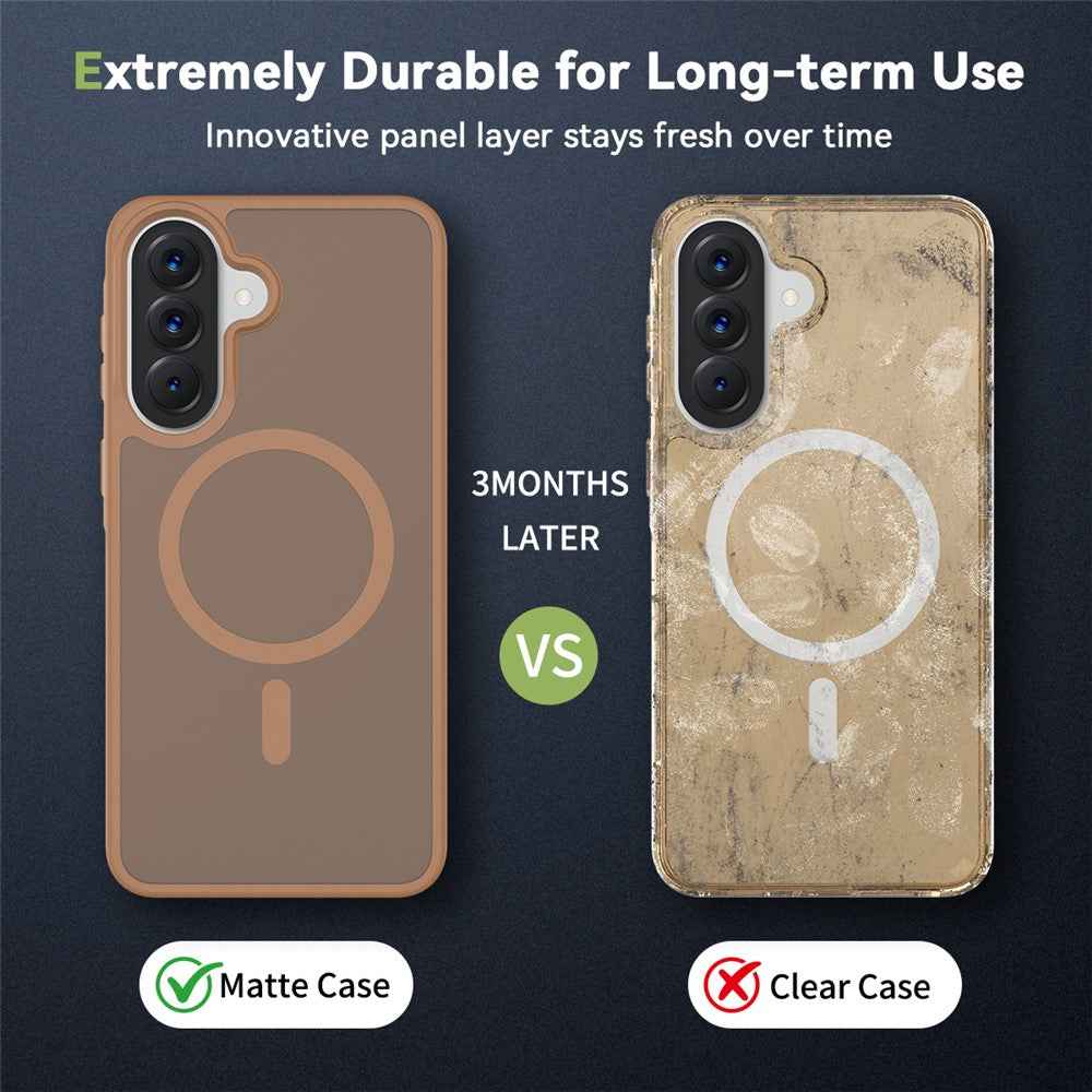 For Samsung Galaxy A57 5G Magnetic Phone Case Matte Finish TPU PC Shockproof Phone Cover with Tempered Glass - Coffee