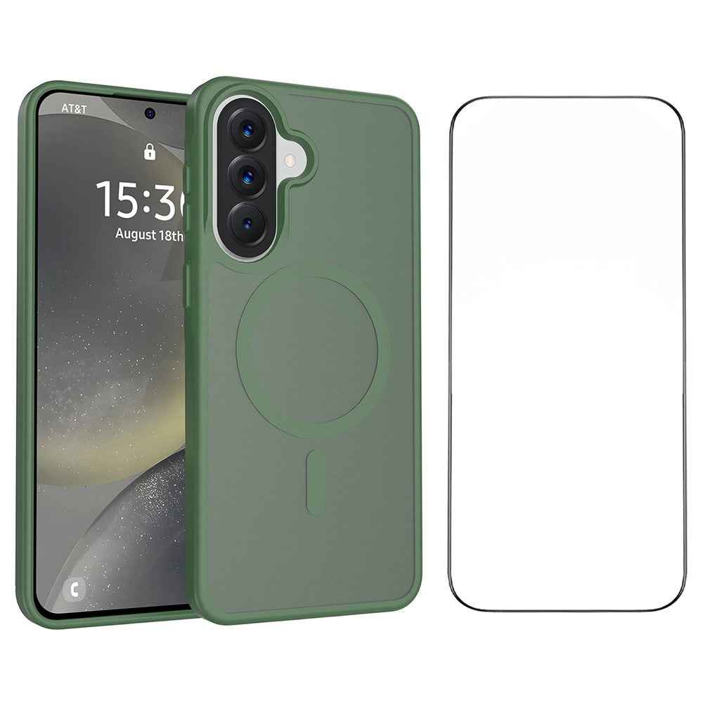 For Samsung Galaxy A57 5G Magnetic Phone Case Matte Finish TPU PC Shockproof Phone Cover with Tempered Glass - Blackish Green