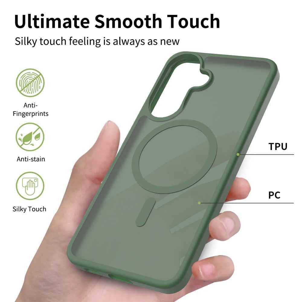 For Samsung Galaxy A57 5G Magnetic Phone Case Matte Finish TPU PC Shockproof Phone Cover with Tempered Glass - Blackish Green