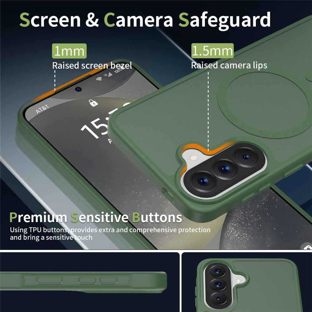 For Samsung Galaxy A57 5G Magnetic Phone Case Matte Finish TPU PC Shockproof Phone Cover with Tempered Glass - Blackish Green