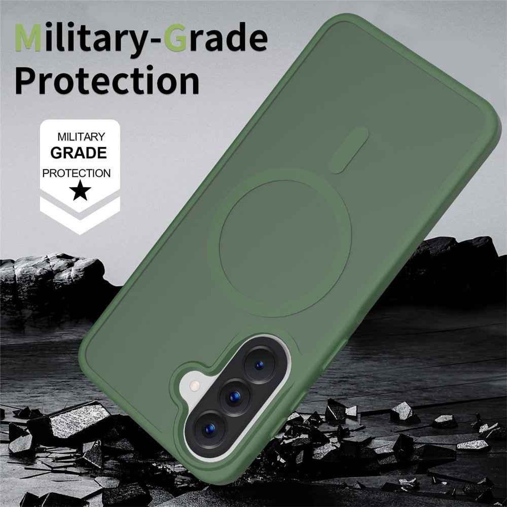 For Samsung Galaxy A57 5G Magnetic Phone Case Matte Finish TPU PC Shockproof Phone Cover with Tempered Glass - Blackish Green