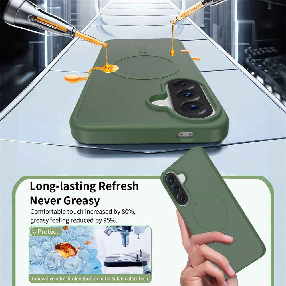 For Samsung Galaxy A57 5G Magnetic Phone Case Matte Finish TPU PC Shockproof Phone Cover with Tempered Glass - Blackish Green