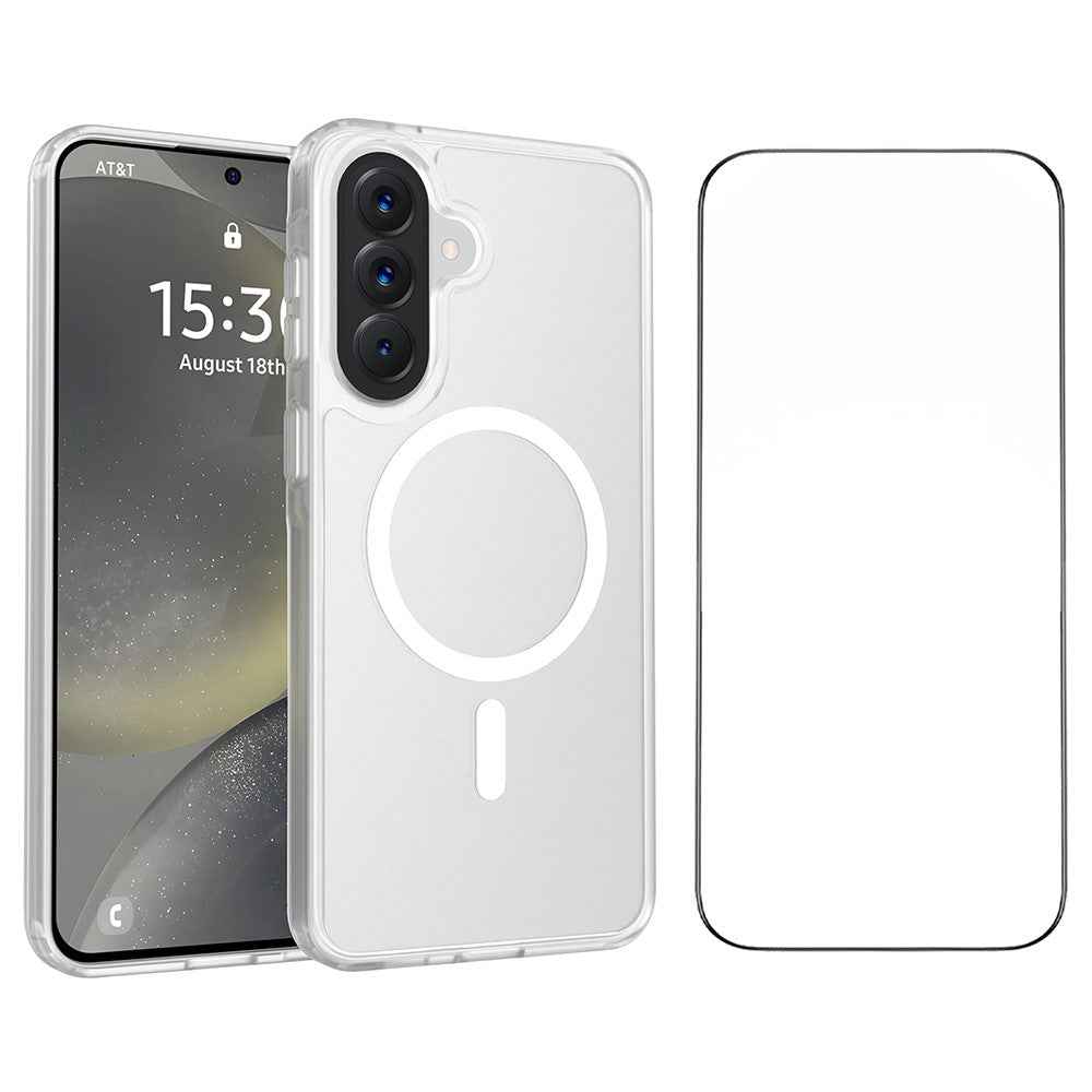 For Samsung Galaxy A57 5G Magnetic Phone Case Matte Finish TPU PC Shockproof Phone Cover with Tempered Glass - Transparent