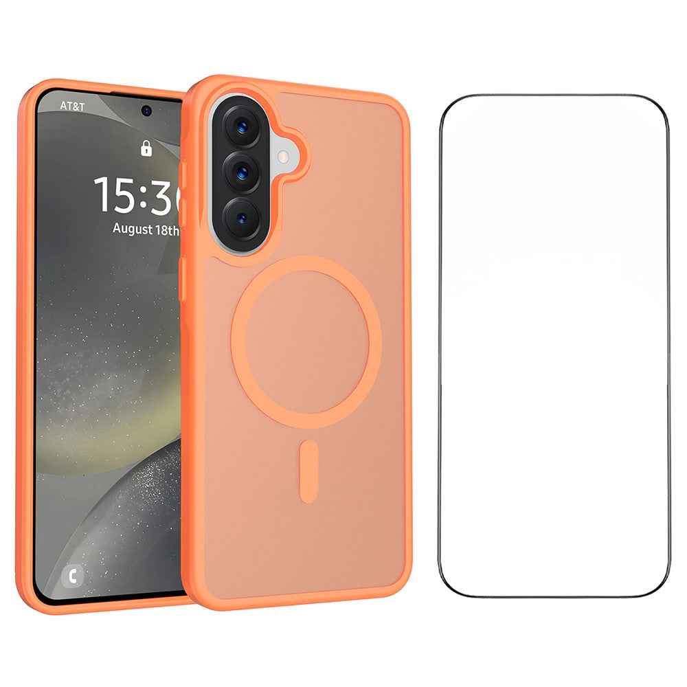 For Samsung Galaxy A57 5G Magnetic Phone Case Matte Finish TPU PC Shockproof Phone Cover with Tempered Glass - Orange