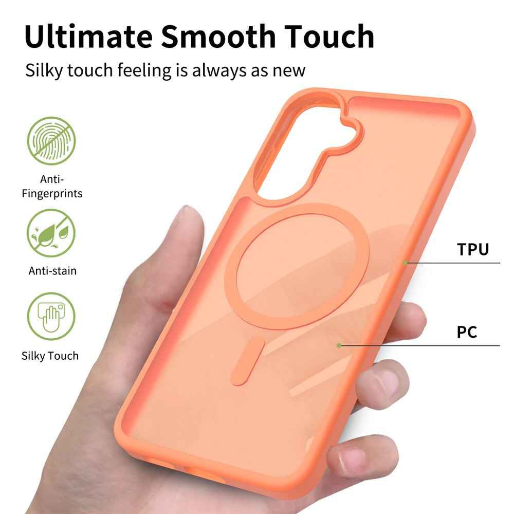 For Samsung Galaxy A57 5G Magnetic Phone Case Matte Finish TPU PC Shockproof Phone Cover with Tempered Glass - Orange