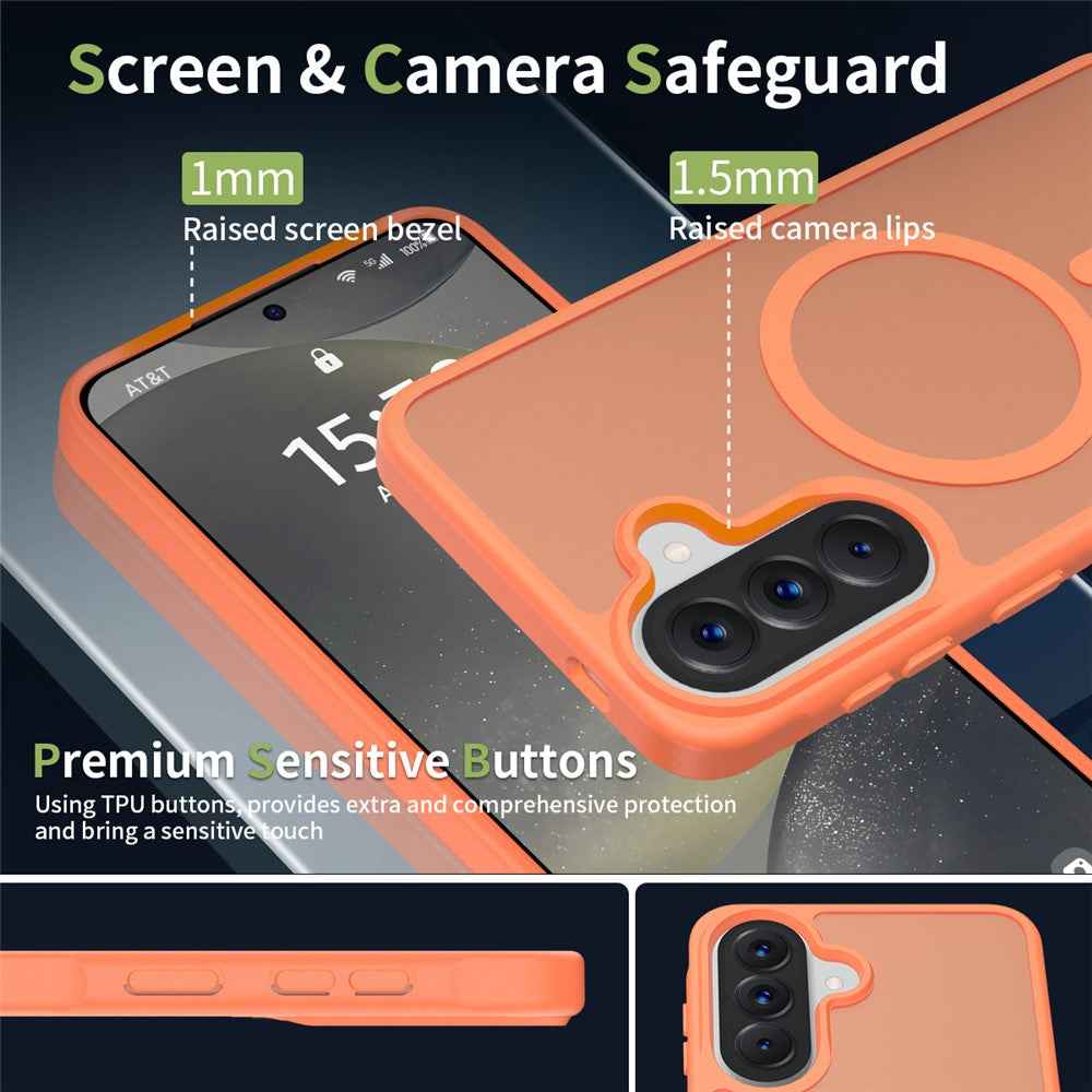For Samsung Galaxy A57 5G Magnetic Phone Case Matte Finish TPU PC Shockproof Phone Cover with Tempered Glass - Orange