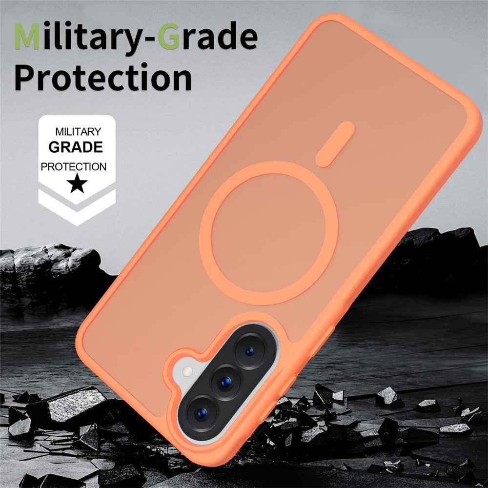 For Samsung Galaxy A57 5G Magnetic Phone Case Matte Finish TPU PC Shockproof Phone Cover with Tempered Glass - Orange