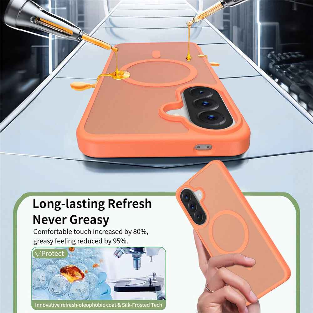 For Samsung Galaxy A57 5G Magnetic Phone Case Matte Finish TPU PC Shockproof Phone Cover with Tempered Glass - Orange