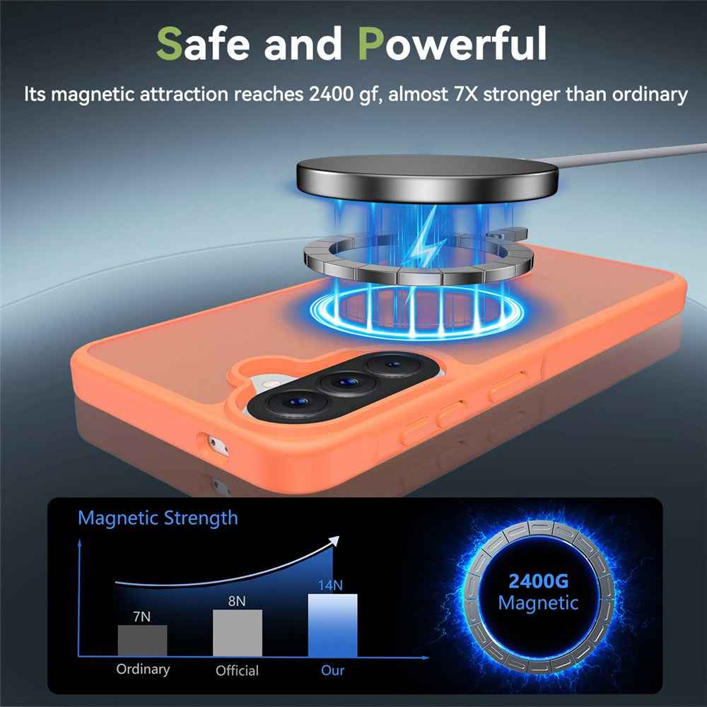 For Samsung Galaxy A57 5G Magnetic Phone Case Matte Finish TPU PC Shockproof Phone Cover with Tempered Glass - Orange