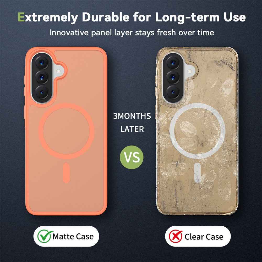 For Samsung Galaxy A57 5G Magnetic Phone Case Matte Finish TPU PC Shockproof Phone Cover with Tempered Glass - Orange