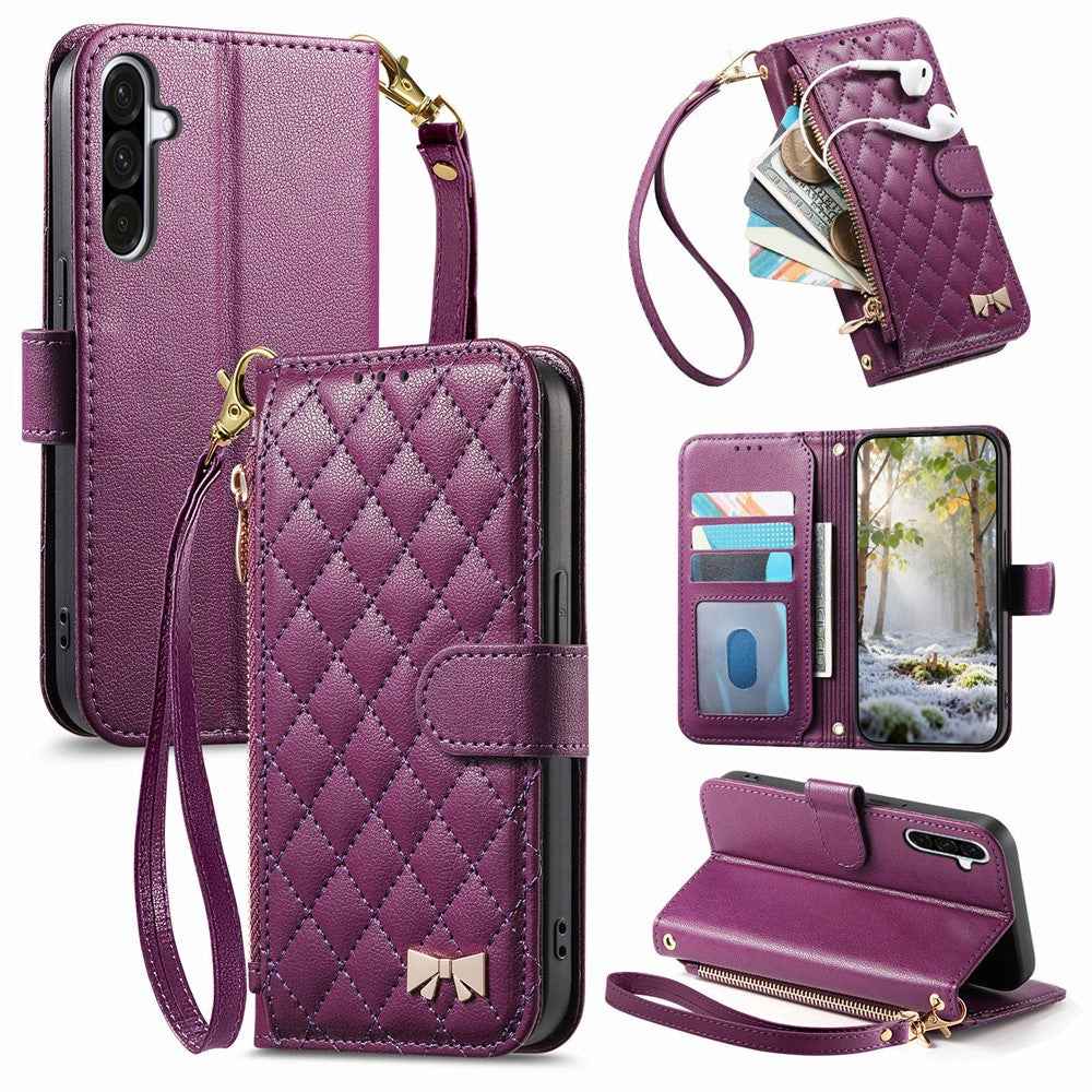 For Samsung Galaxy A57 5G Stand Case Imprint TPU PU Leather Zipper Pocket Wallet Phone Cover with Strap - Purple