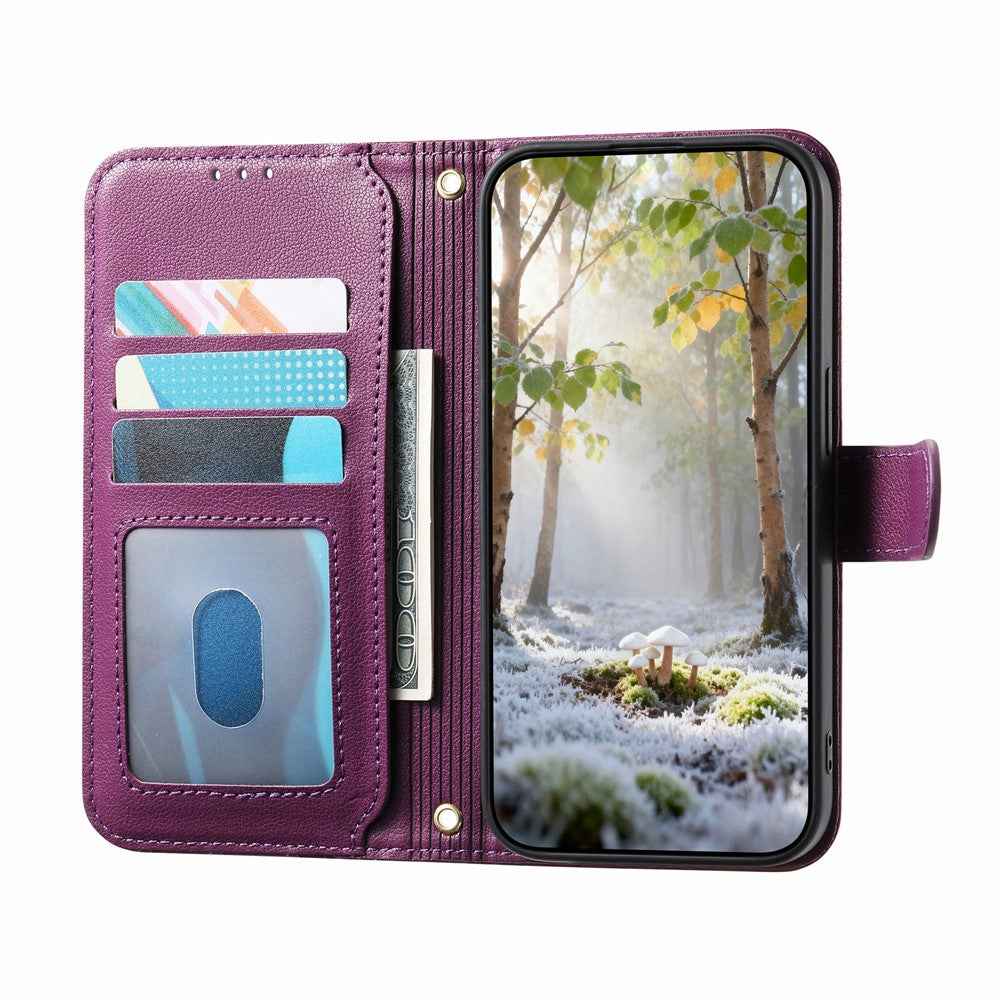 For Samsung Galaxy A57 5G Stand Case Imprint TPU PU Leather Zipper Pocket Wallet Phone Cover with Strap - Purple