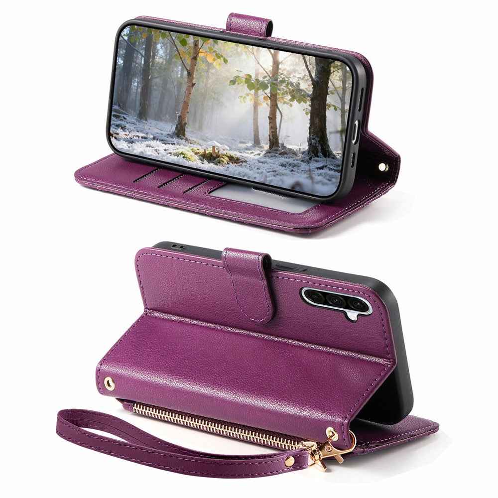 For Samsung Galaxy A57 5G Stand Case Imprint TPU PU Leather Zipper Pocket Wallet Phone Cover with Strap - Purple
