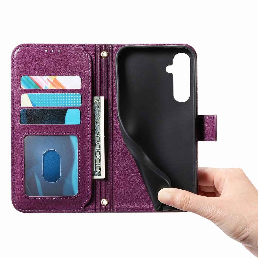 For Samsung Galaxy A57 5G Stand Case Imprint TPU PU Leather Zipper Pocket Wallet Phone Cover with Strap - Purple