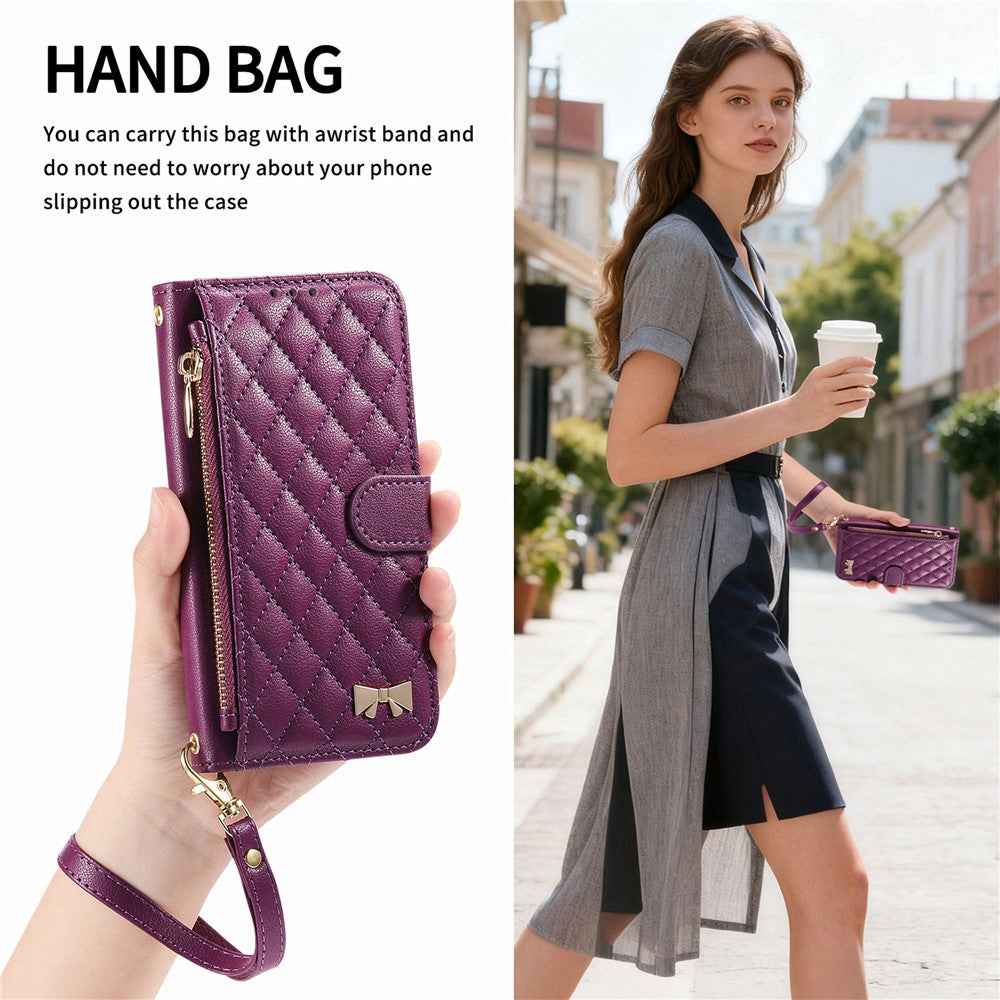 For Samsung Galaxy A57 5G Stand Case Imprint TPU PU Leather Zipper Pocket Wallet Phone Cover with Strap - Purple