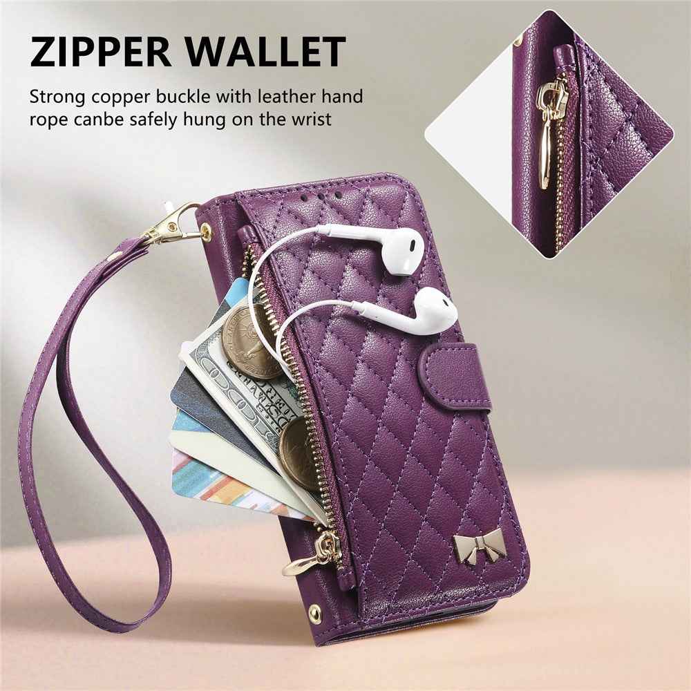 For Samsung Galaxy A57 5G Stand Case Imprint TPU PU Leather Zipper Pocket Wallet Phone Cover with Strap - Purple