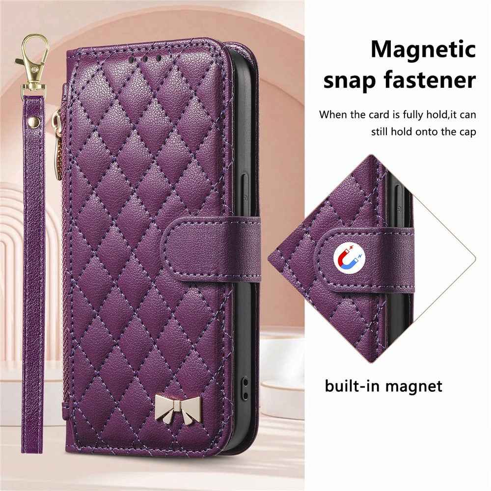 For Samsung Galaxy A57 5G Stand Case Imprint TPU PU Leather Zipper Pocket Wallet Phone Cover with Strap - Purple