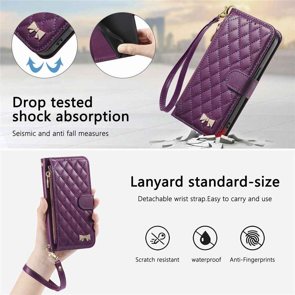 For Samsung Galaxy A57 5G Stand Case Imprint TPU PU Leather Zipper Pocket Wallet Phone Cover with Strap - Purple